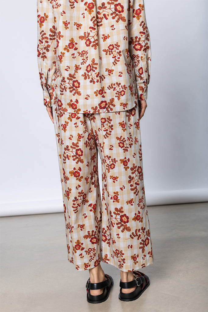 Gingham Floral Elastic Waist Pant - Beige
