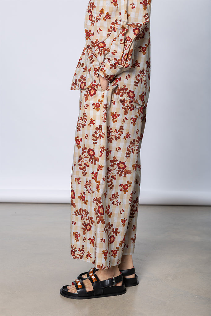 Gingham Floral Elastic Waist Pant - Beige