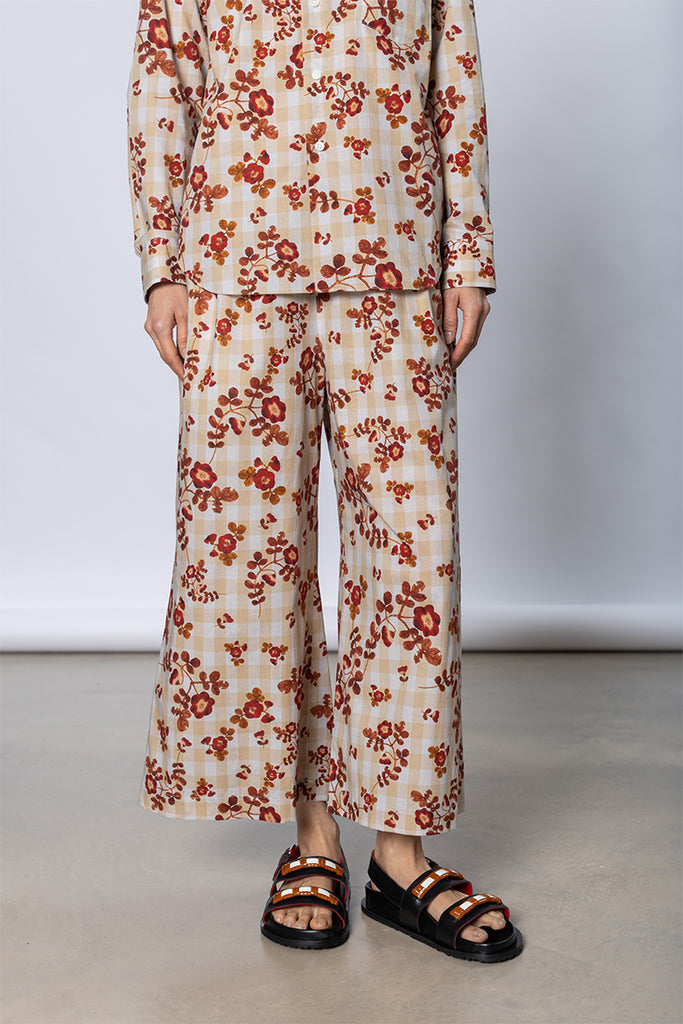 Gingham Floral Elastic Waist Pant - Beige