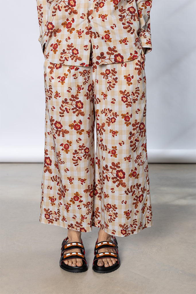 Gingham Floral Elastic Waist Pant - Beige