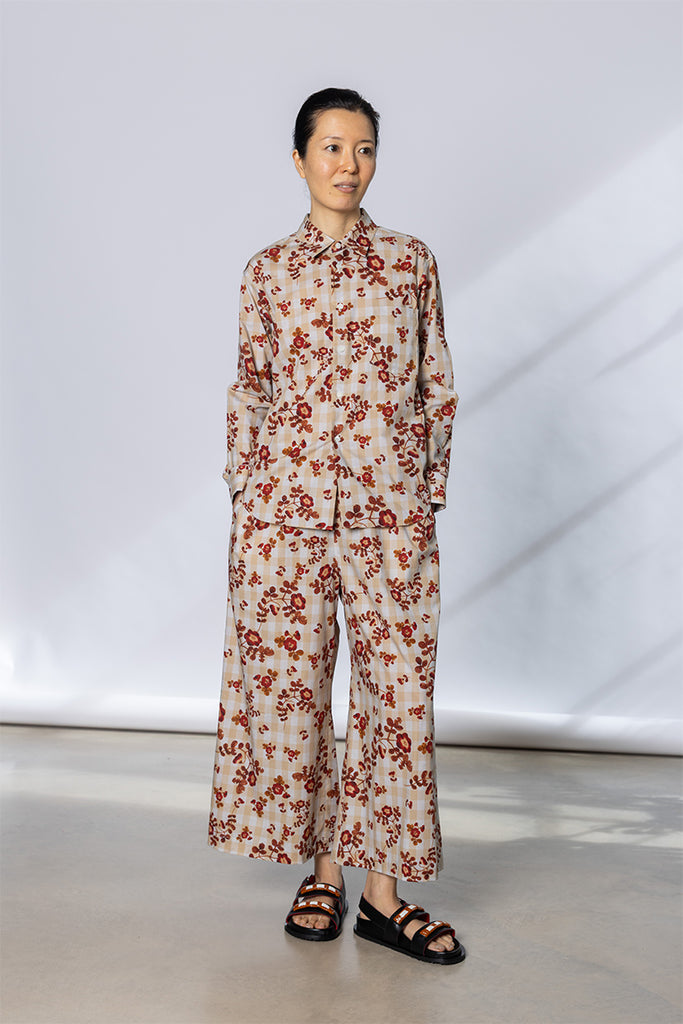 Gingham Floral Elastic Waist Pant - Beige