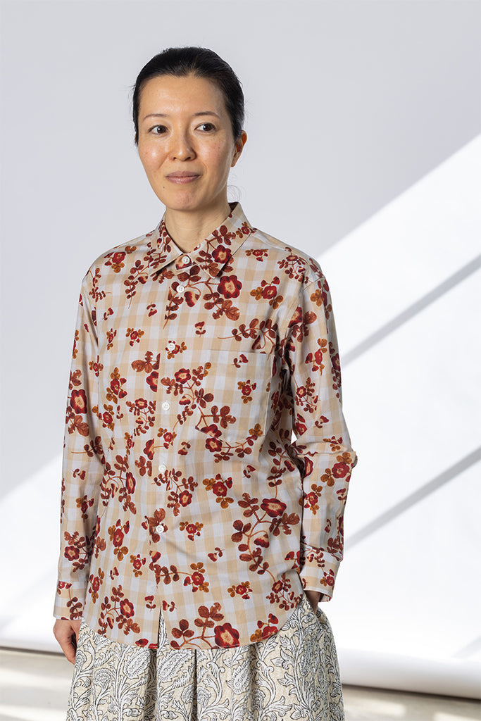 Gingham Floral Shirt - Beige