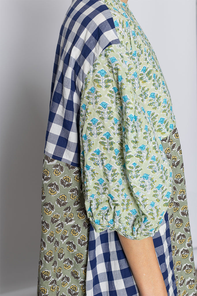 Patchworked Floral & Gingham Dress - Mint/Navy