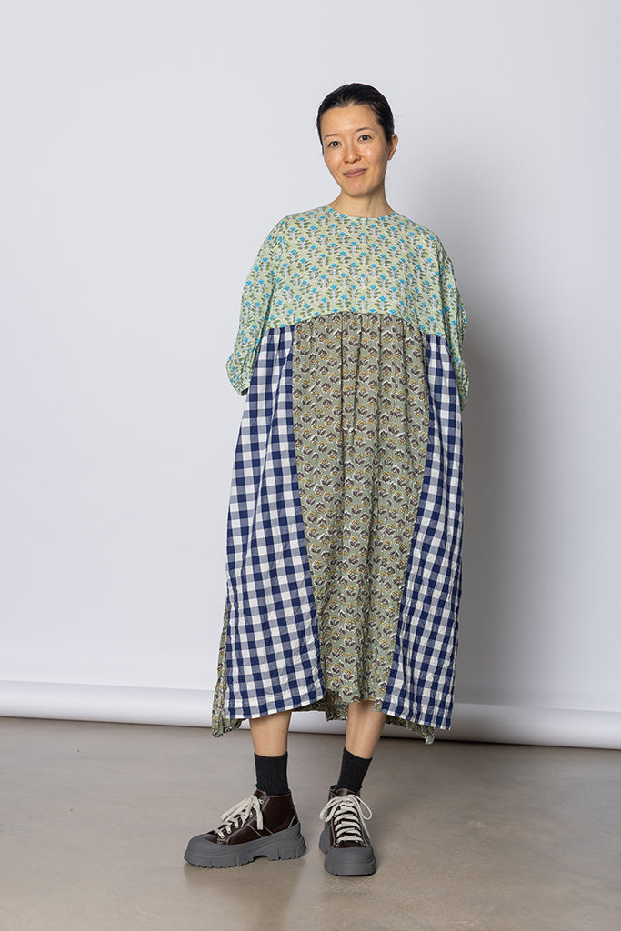 Patchworked Floral & Gingham Dress - Mint/Navy