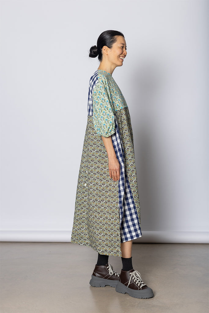 Patchworked Floral & Gingham Dress - Mint/Navy