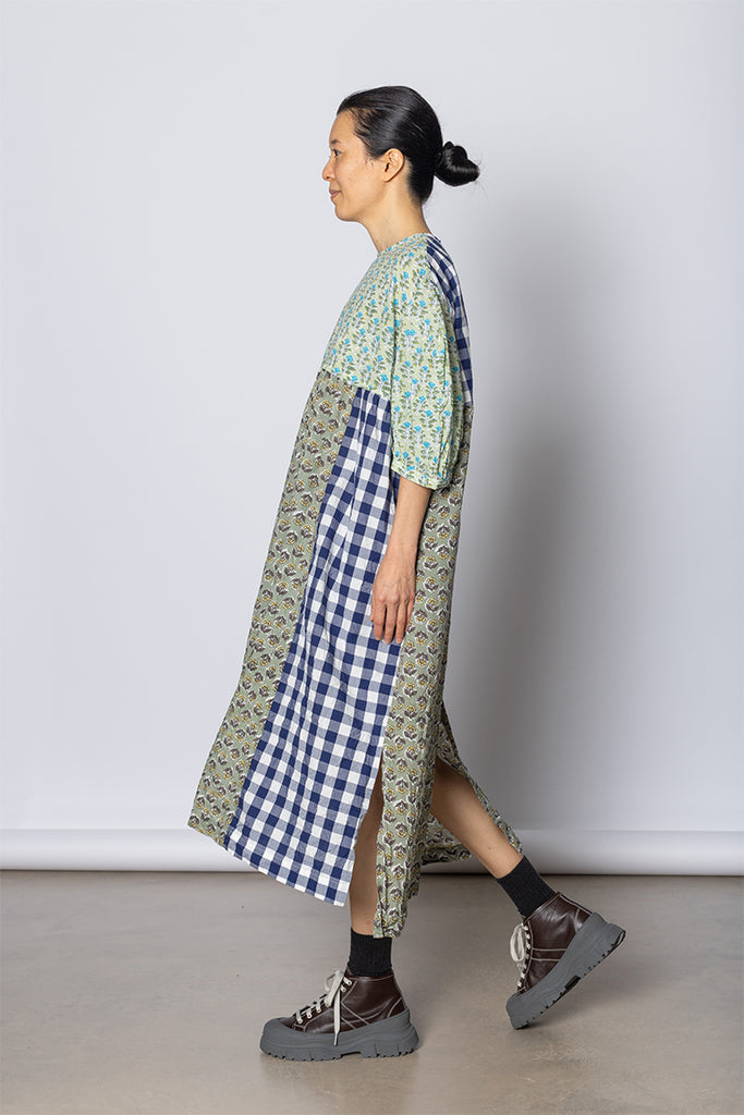 Patchworked Floral & Gingham Dress - Mint/Navy