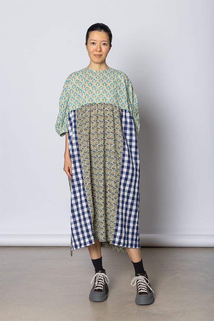 Patchworked Floral & Gingham Dress - Mint/Navy