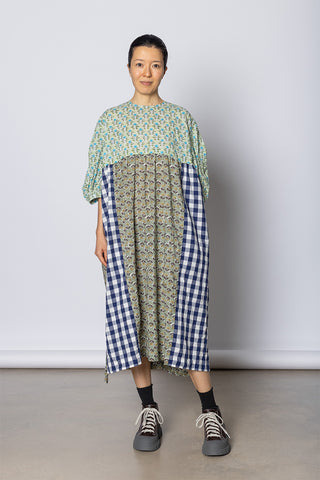 Patchworked Floral & Gingham Dress - Mint/Navy