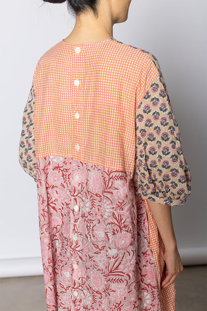 Patchworked Floral & Gingham Dress - Pink/Coral