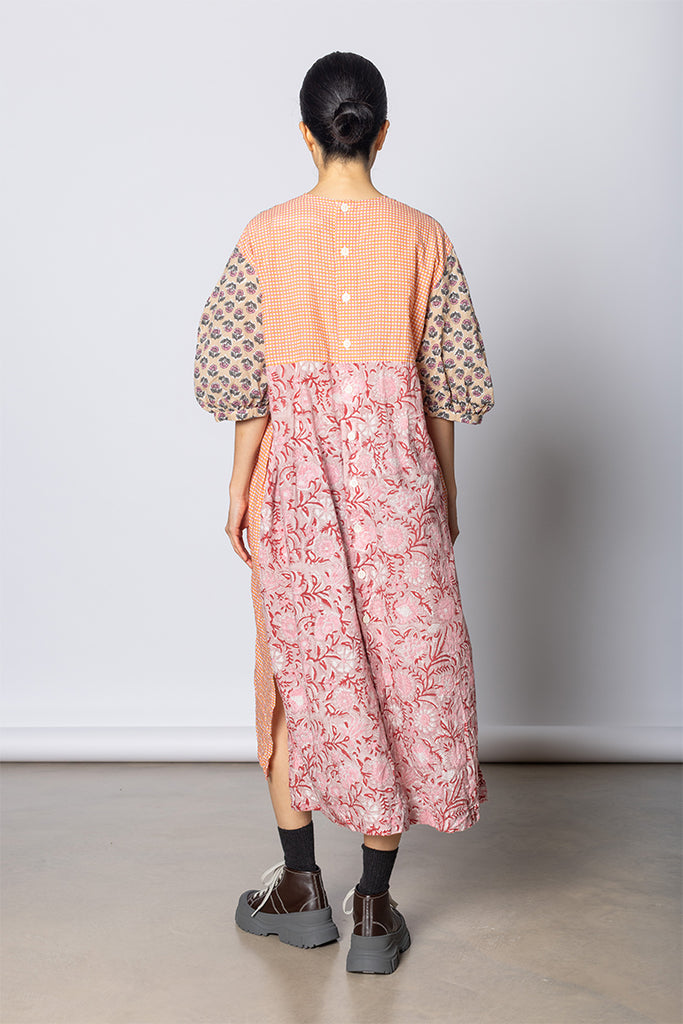 Patchworked Floral & Gingham Dress - Pink/Coral