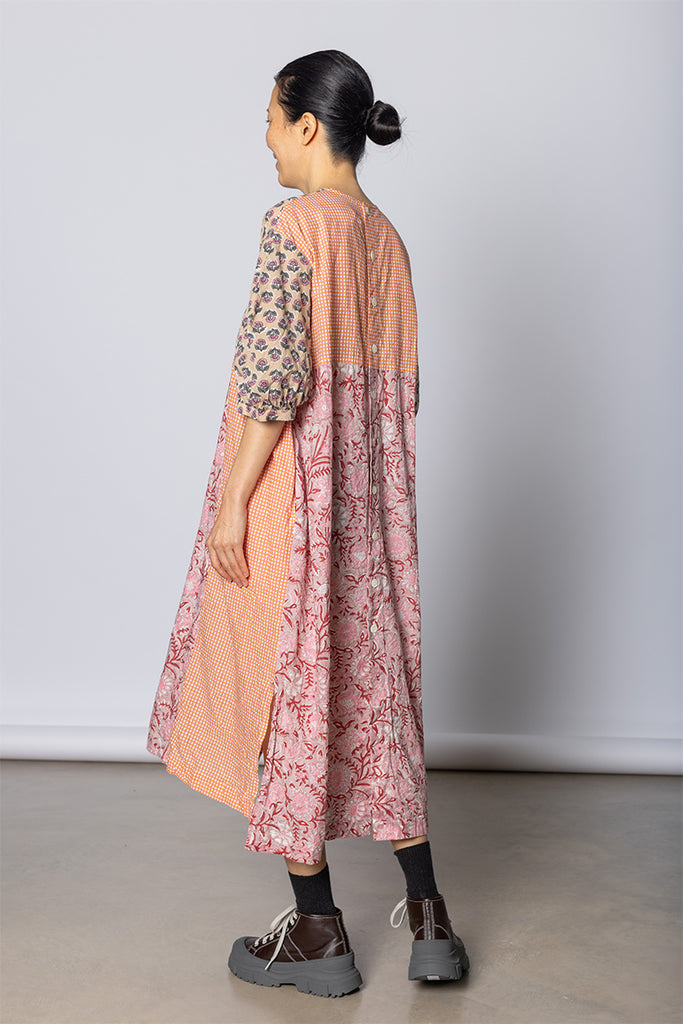 Patchworked Floral & Gingham Dress - Pink/Coral