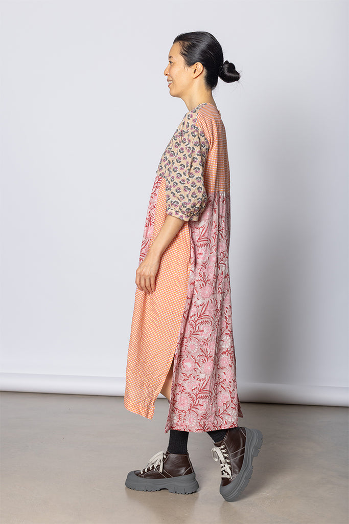 Patchworked Floral & Gingham Dress - Pink/Coral