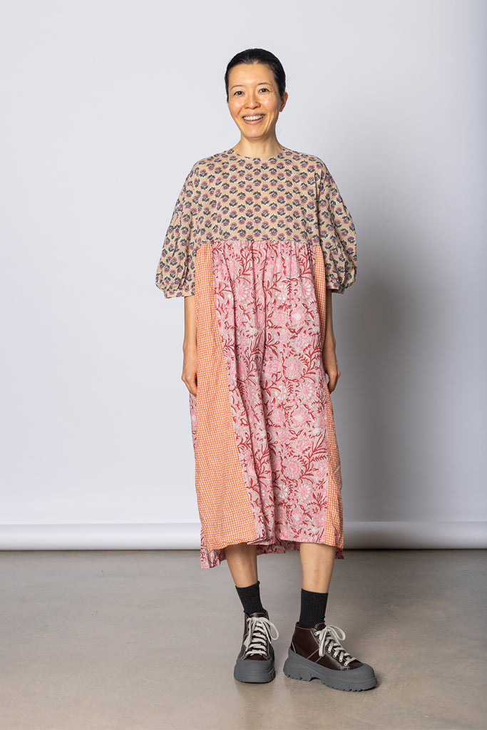 Patchworked Floral & Gingham Dress - Pink/Coral