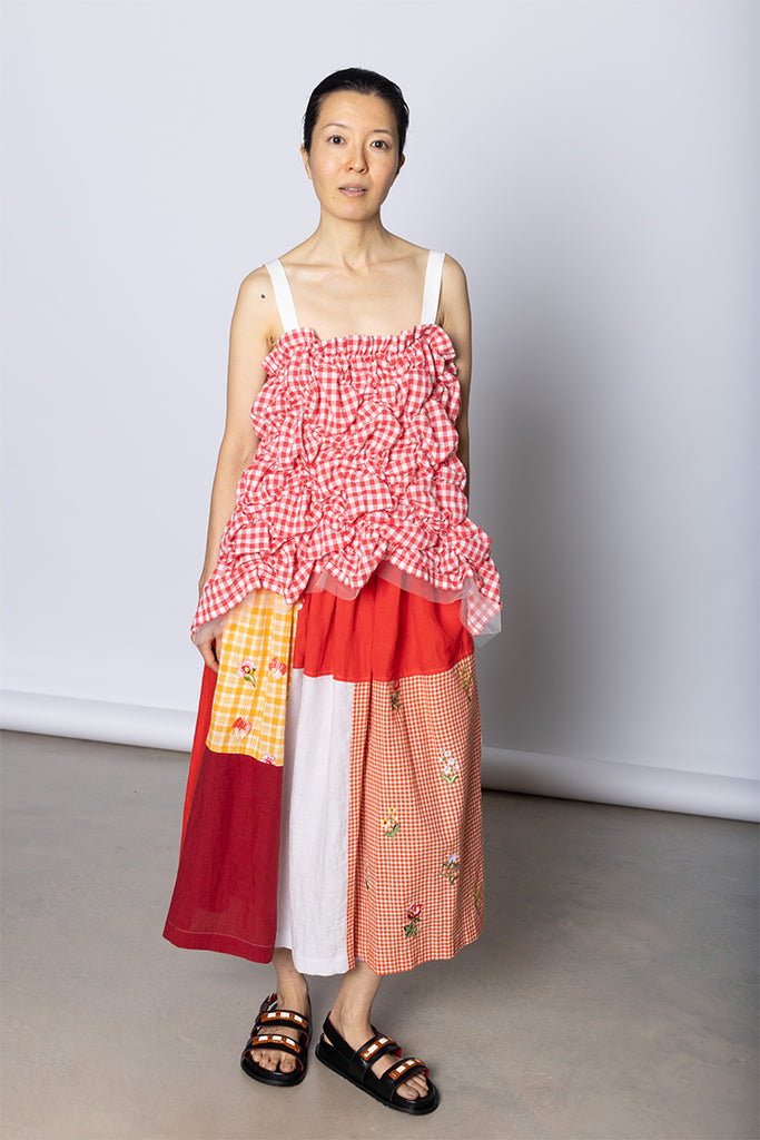 Ruched Gingham Top - Red/White
