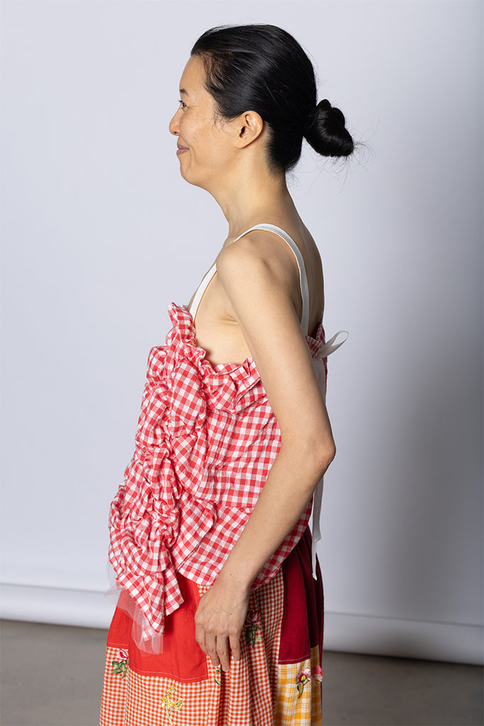 Ruched Gingham Top - Red/White