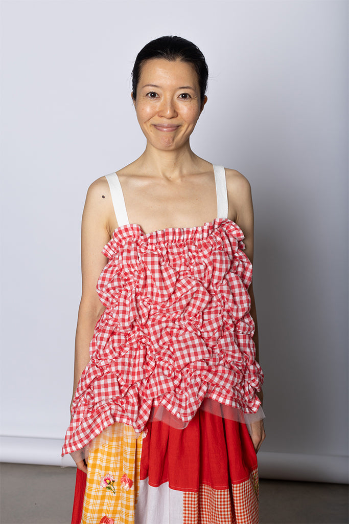 Ruched Gingham Top - Red/White