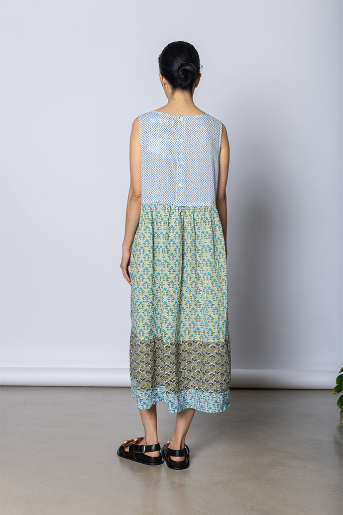 Sleeveless Patchworked Dress - Green/Grey/Khaki