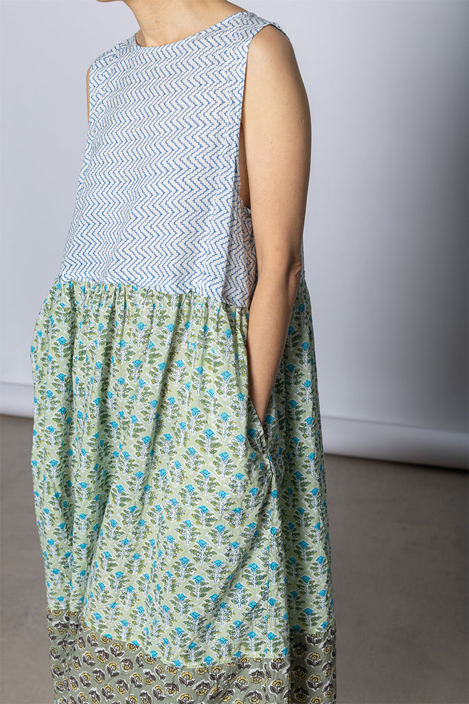 Sleeveless Patchworked Dress - Green/Grey/Khaki