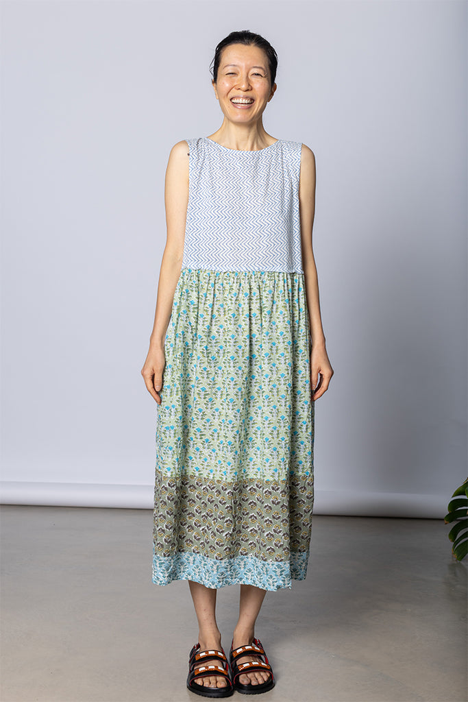 Sleeveless Patchworked Dress - Green/Grey/Khaki