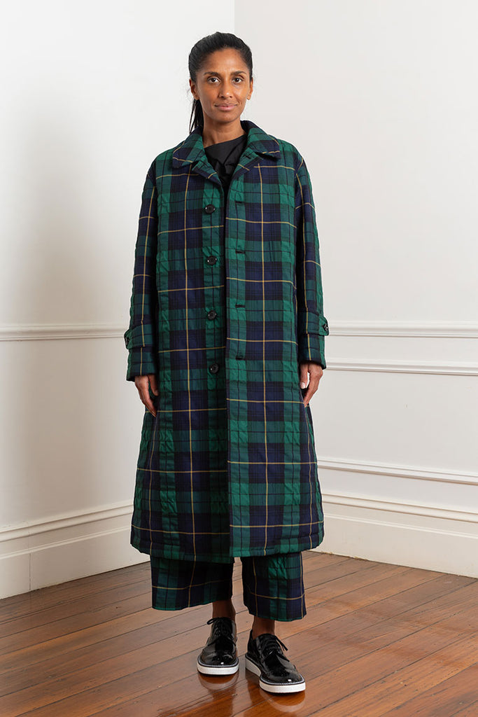 Tartan Check Coat - Navy/Green