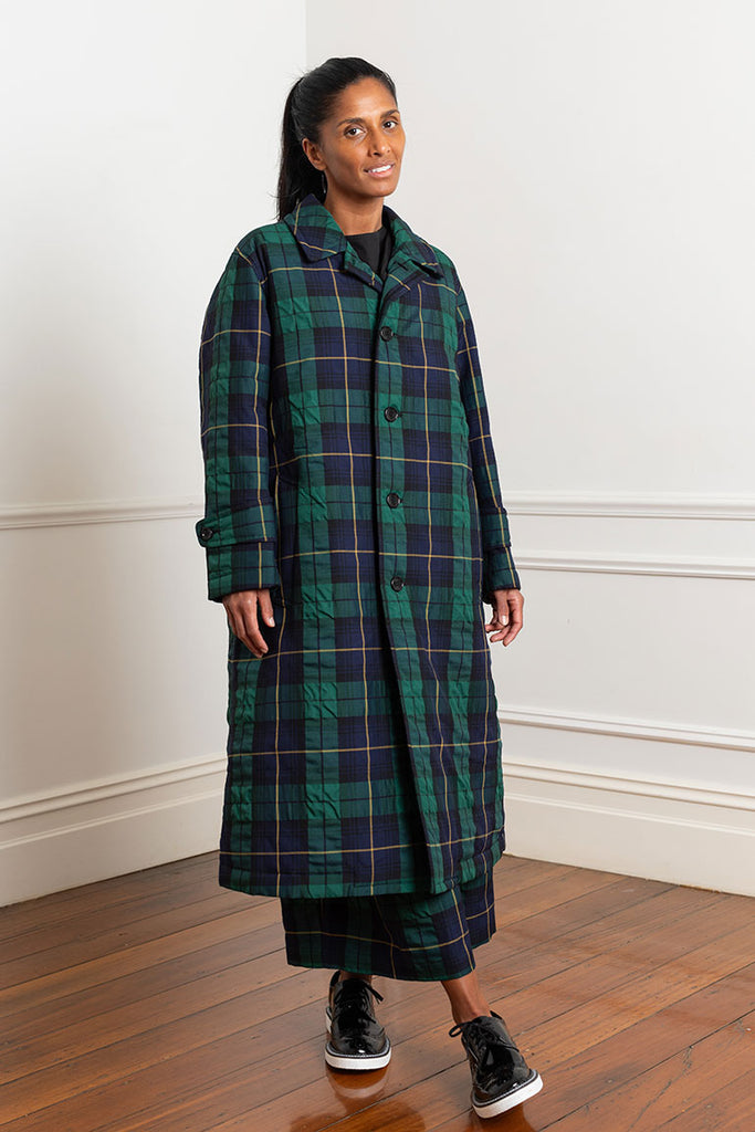 Tartan Check Coat - Navy/Green