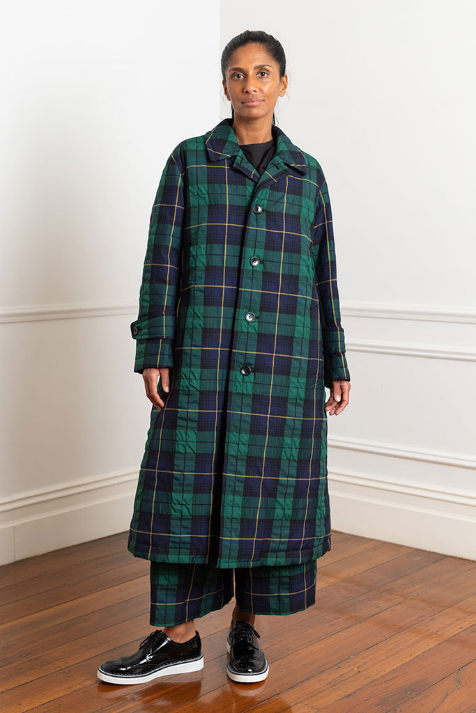 Tartan Check Coat - Navy/Green