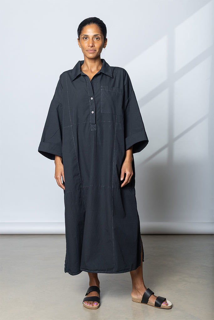 Garment Dyed Kaftan Shirt Dress - Black/Contrast