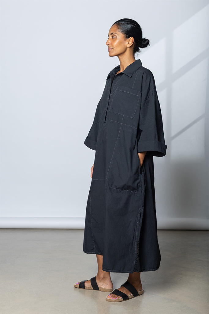 Garment Dyed Kaftan Shirt Dress - Black/Contrast
