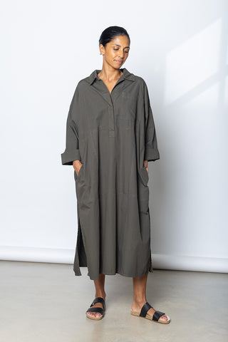 Garment Dyed Kaftan Shirt Dress - Dark Olive Green