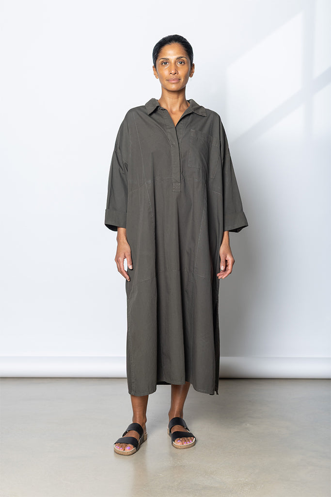 Garment Dyed Kaftan Shirt Dress - Dark Olive Green