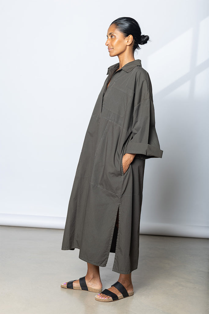 Garment Dyed Kaftan Shirt Dress - Dark Olive Green