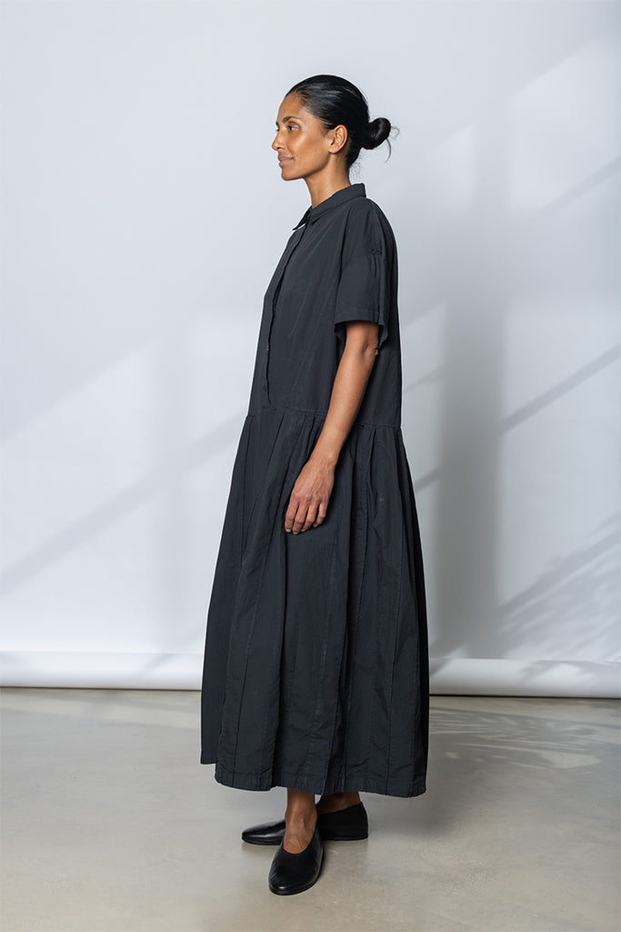 Garment Dyed Pleated Shirt Dress - Soft Black