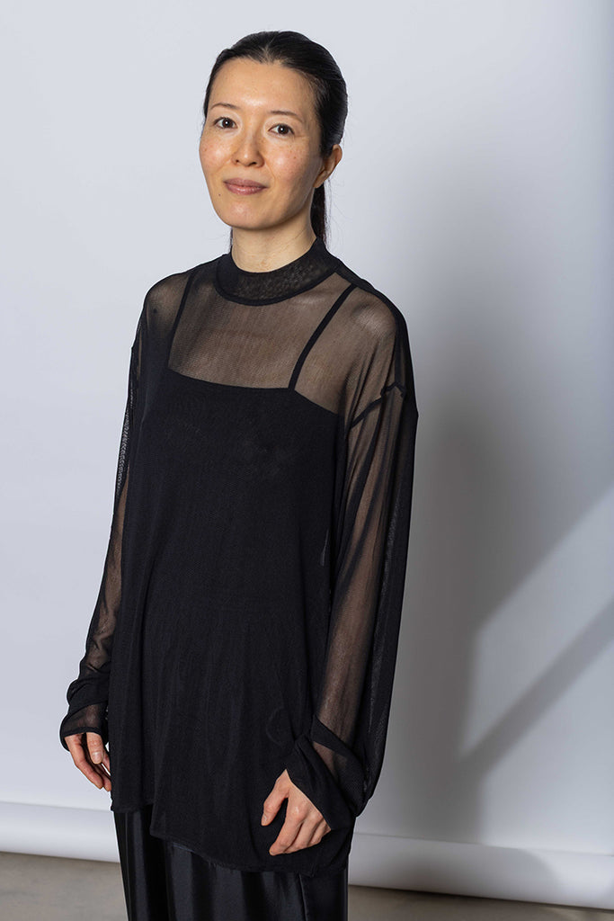 Silk Net Oversized Long Sleeve T-Shirt - Black