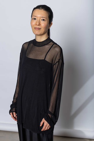 Silk Net Oversized Long Sleeve T-Shirt - Black