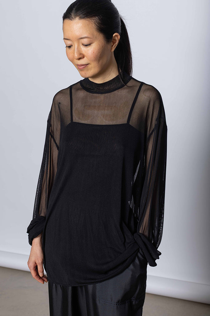 Silk Net Oversized Long Sleeve T-Shirt - Black