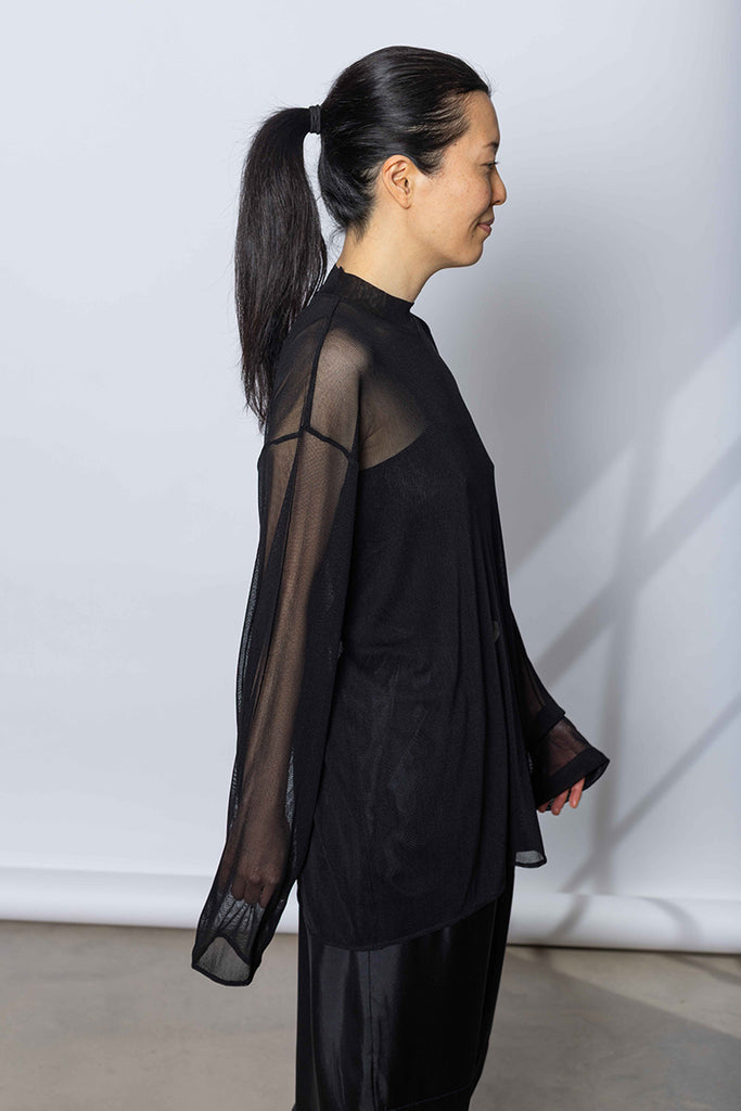 Silk Net Oversized Long Sleeve T-Shirt - Black