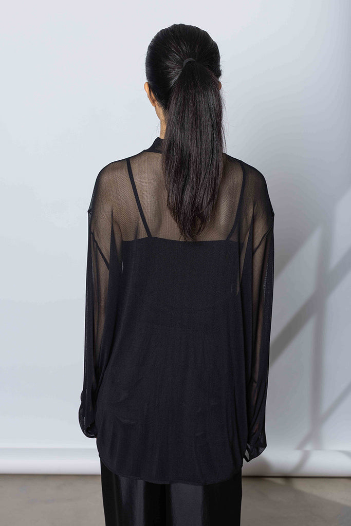 Silk Net Oversized Long Sleeve T-Shirt - Black