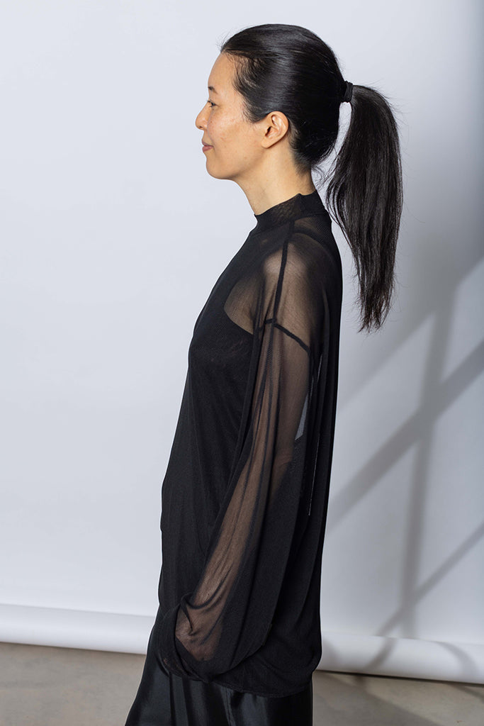 Silk Net Oversized Long Sleeve T-Shirt - Black