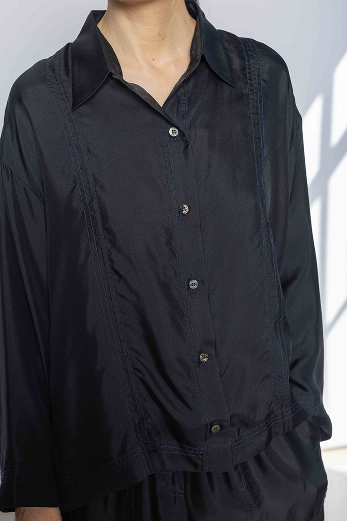 Silk Twill Boxy Shirt Jacket - Printer Black