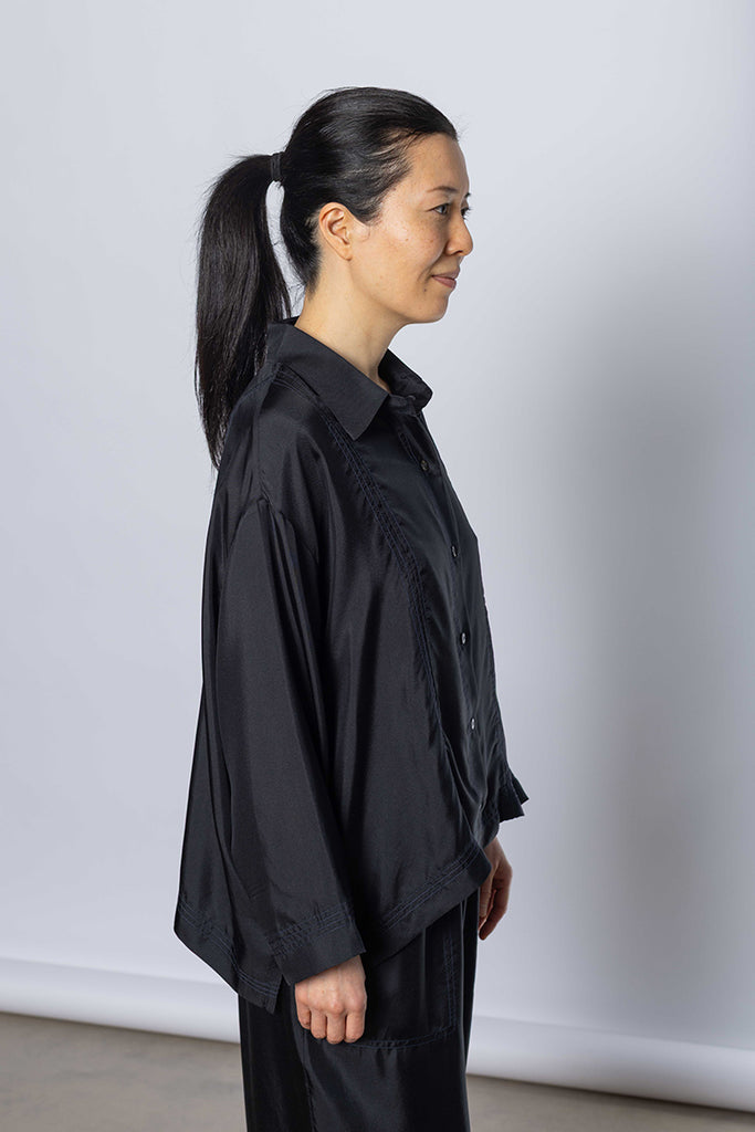 Silk Twill Boxy Shirt Jacket - Printer Black