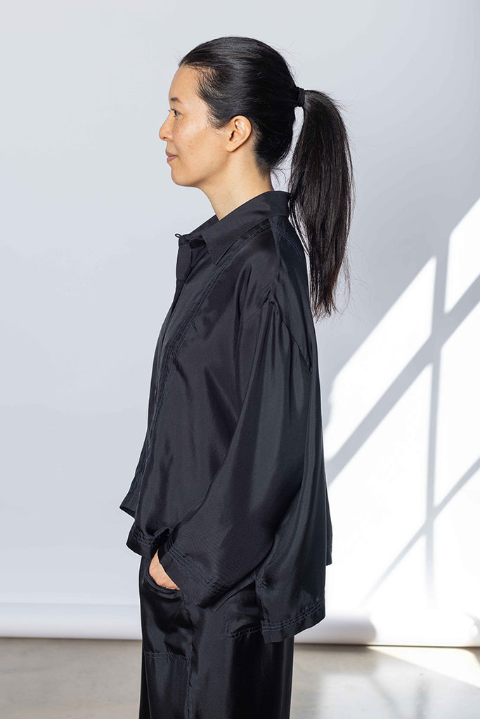 Silk Twill Boxy Shirt Jacket - Printer Black