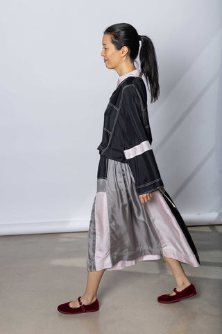 Silk Twill V Neck Dress - Printer Black/Silver Grey/White Lilac