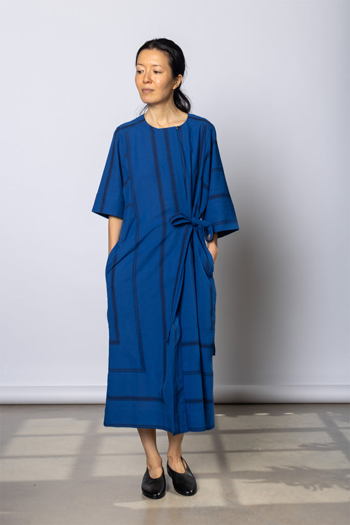 Tea Towel Stripe Cotton Dress - Cobalt
