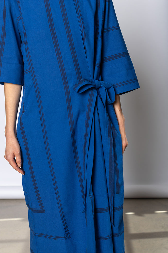 Tea Towel Stripe Cotton Dress - Cobalt