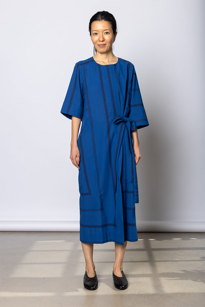 Tea Towel Stripe Cotton Dress - Cobalt