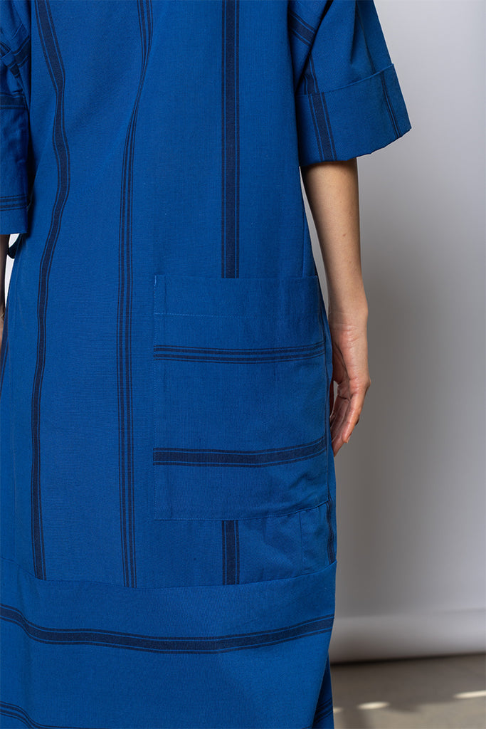 Tea Towel Stripe Cotton Dress - Cobalt