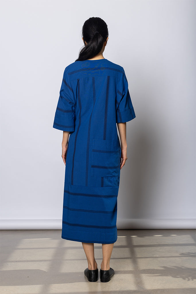 Tea Towel Stripe Cotton Dress - Cobalt