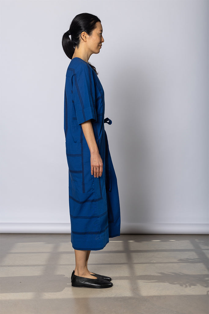 Tea Towel Stripe Cotton Dress - Cobalt