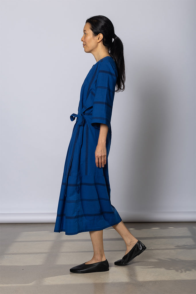 Tea Towel Stripe Cotton Dress - Cobalt