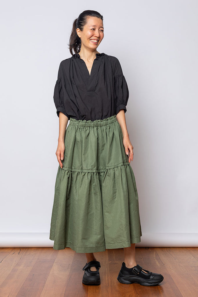 Tiered Cotton Linen Skirt - Khaki